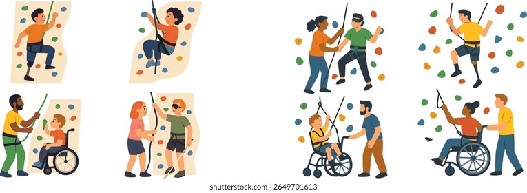 Individuals engage in rock climbing at a gym, showcasing teamwork and inclusivity. People in wheelchairs and standing receive guidance while tackling climbing walls together.