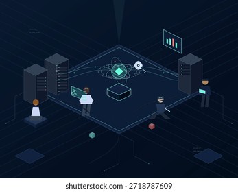 Las personas se dedican a tareas que involucran el análisis de datos y la tecnología. Interactúan con servidores y pantallas que muestran gráficos y gráficos en un entorno virtual.