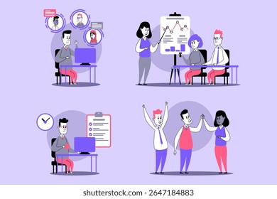 Individuals engaged in various activities demonstrating teamwork in contemporary office. They analyzing data, holding discussions, and celebrating achievements in vibrant setting