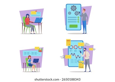 Personas involucradas en diversas tareas como la gestión de correos electrónicos, el análisis de datos y la colaboración en proyectos. Concepto moderno de eficiencia laboral