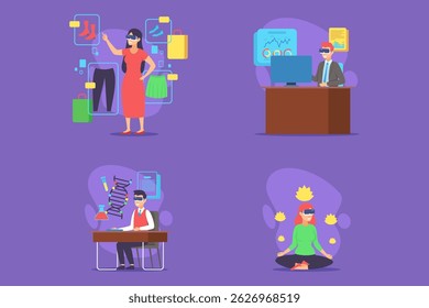 Individuals engaged in various tasks within vibrant environment, showcasing activities like shopping, working at desk, conducting research, and practicing mindfulness