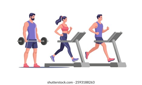 Individuals engaging in various workout activities at a gym, showcasing strength training and cardio exercises during a fitness session. Vector illustration in a minimalistic style.
