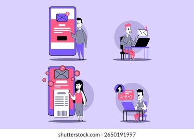 Individuals interacting with various digital devices while managing email notifications, organizing messages, and utilizing communication apps in modern workspace setting
