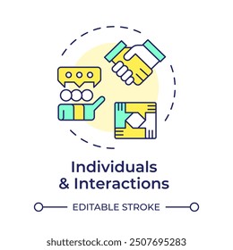 Individuals and interactions multi color concept icon. Agile methodology, project workflow. Round shape line illustration. Abstract idea. Graphic design. Easy to use in infographic, presentation