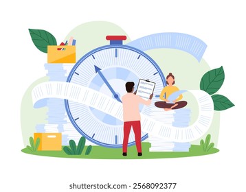 Individuals manage a large amount of paperwork with a giant clock and documents. Scene includes file boxes and people working, emphasizing time management and organizational skills vector illustration