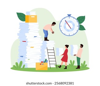 Individuals manage paperwork and deadlines using a large clock and stacks of documents. Scene includes workers handing papers and organizing files, focusing on productivity vector illustration