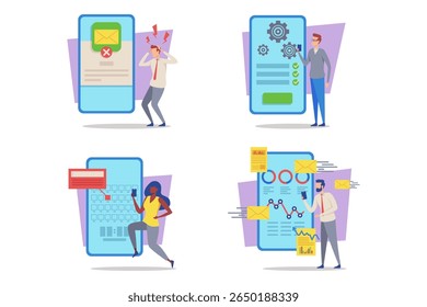 Pessoas navegando em vários cenários que envolvem comunicação digital. Alguns se debatem com mensagens perdidas, enquanto outros analisam dados e se envolvem com notificações