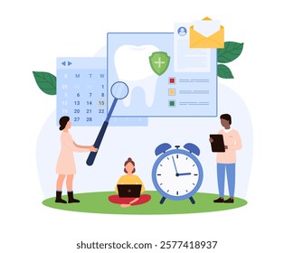 Individuals organizing dental checkup using a calendar, magnifying glass, and dental icons, focusing on health management, appointment scheduling, and oral care vector illustration.