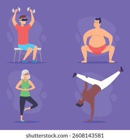 Individuals participating in various fitness routines, from virtual workouts to traditional exercises. Diversity in physical activity and wellness approaches concept