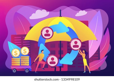 Individuals pool their premiums together to insure against a risk. Peer-to-Peer insurance, P2P collaborative risk, new social insurance concept. Bright vibrant violet vector isolated illustration