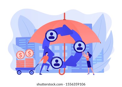 Individuals pool their premiums together to insure against a risk. Peer-to-Peer insurance, P2P collaborative risk, new social insurance concept. Pinkish coral bluevector isolated illustration