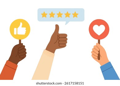 Individuals provide ratings and reviews along with their feedback, with hands of various skin tones casting votes, and incorporating likes, hearts, thumbs up, and approval signs through rating icons