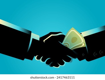 Individuals shaking hands while exchanging money, an evocative representation of bribery and corruption, captures the illicit nature of financial misconduct and the unethical agreements