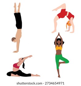 Individuals showcasing strength, flexibility, and balance through dynamic poses. Acrobats and yogis in action for fitness and performance art.
