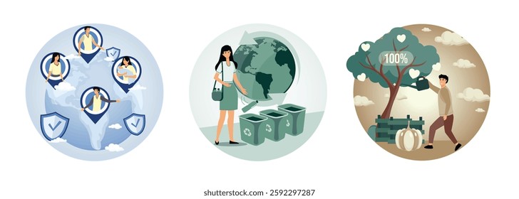 Individuals spread across the globe linked by location markers.  A woman recycling and promoting environmental care. Cheerful man nurturing a tree emitting heart symbols.