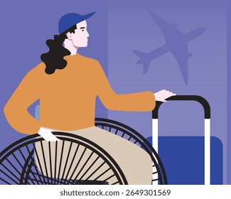 Individuals traveling with limited mobility, flat vector stock illustration with inclusive woman with luggage at airport for sstkTravel