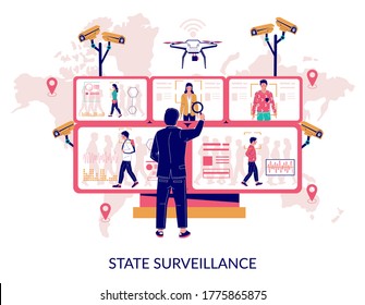 Individuals under government surveillance, vector flat illustration. National security to prevent crime or acts of terrorism. State surveillance concept for web banner, website page etc.