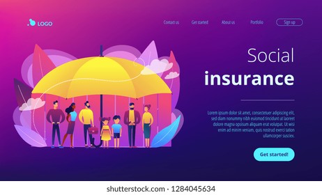 Individuals under  protection against economic hazards. Social insurance, economic hazards risk, social security number concept. Website vibrant violet landing web page template.