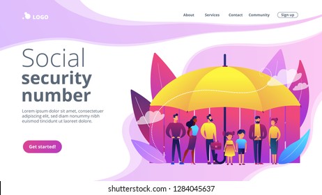 Individuals under protection against economic hazards. Social insurance, economic hazards risk, social security number concept. Website vibrant violet landing web page template.