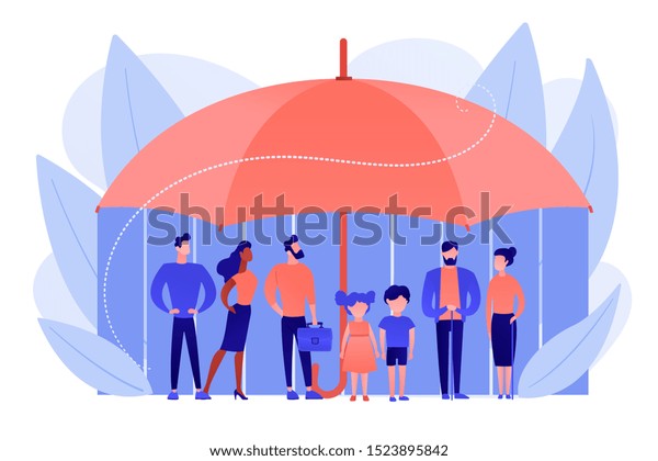 Individuals under umbrella protection\
against economic hazards. Social insurance, economic hazards risk,\
social security number concept. Pinkish coral bluevector isolated\
illustration