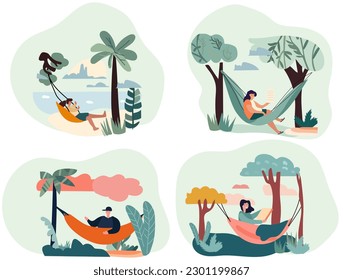 Individuals unwinding and resting in hammocks during a summertime getaway. Engaging in leisure activities such as reading, or working while suspended in cozy swings, surrounded by natures beauty.