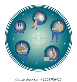 Individuals using laptops to collaborate virtually, connected within a circular, innovative digital theme, symbolizing teamwork, technology, and remote work. Flat vector modern illustration 