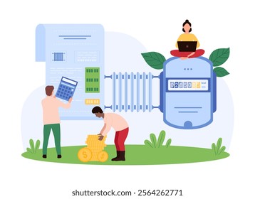 Individuals using technology to manage heating utility bills, calculating costs, and ensuring efficient energy usage in a domestic setting, vector illustration.