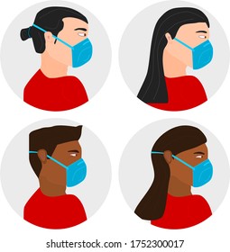 Individuals wearing protective face masks. Profile image from the side. Preventing the spread of infection. COVID-19. Vector illustration in a flat style.