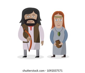 Indo-Europeans. People in national dress. Belarus, Lithuania, Poland, Russia, Ukraine, Latvia, Estonia, Bulgaria, Moldova. Family dressed in traditional costume. National clothes. Vector illustration.