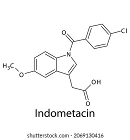 Indometacin molecular structure, flat skeletal chemical formula. NSAID drug used to treat pain, rheumatoid arthritis, ankylosing spondylitis, osteoarthritis. Vector Illustration.