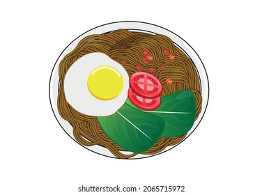 Indomie goreng, Friend noodle with sunny side up, slices of tomato, and mustard green