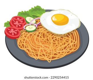 Indomie goreng Indonesian Popular Instant fried Noodle. Served with Sunny Side Egg, Tomato, Cucumber and letucce. vector illustration.