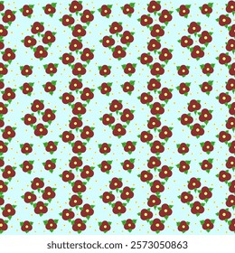 Indonesia, 18 January 2025 - seamless flower pattern, flower with red flower crown and yellow pistil with green leaves around it on light blue background, seamless repeat pattern