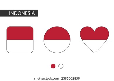 Indonesien 3 Formen (Quadrat, Kreis, Herz) mit Stadtflagge. Einzeln auf weißem Hintergrund.