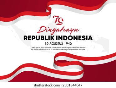 Fondo del Anuncio del 79° Día de la Independencia de Indonesia. Ilustración vectorial con la cinta de la bandera indonesia para el Anuncio, el volante y la tarjeta