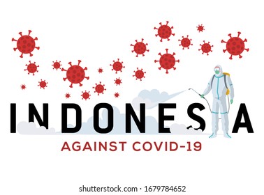 Indonesia against corona virus or covid-19. Indonesia now is struggling against covid-19. An officer wearing a hazmat shirt was spraying disinfectant so the viruses disappeared.