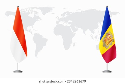 Indonesia and Andorra flags for official meeting against background of world map.
