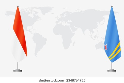 Indonesia and Aruba flags for official meeting against background of world map.