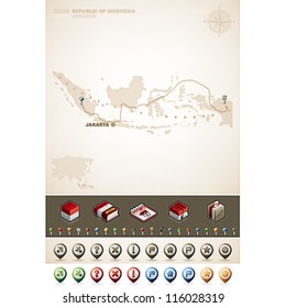Indonesia and Asia maps, plus extra set of isometric icons & cartography symbols set