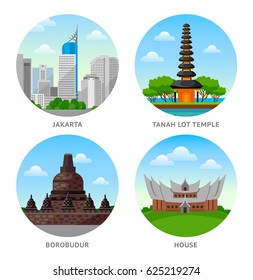 Indonesia Attractions. Set of round vector illustrations.