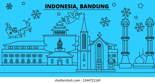 Indonesia, Bandung winter holidays skyline. Merry Christmas, Happy New Year decorated banner with Santa Claus.Indonesia, Bandung linear christmas city vector flat illustration