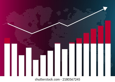 Indonesia bar chart graph with ups and downs, increasing values, Indonesia country flag on bar graph, upward rising arrow on data, news banner idea, developing country concept