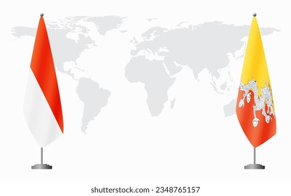 Indonesia and Bhutan flags for official meeting against background of world map.