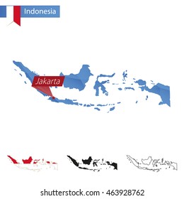 Indonesia blue Low Poly map with capital Jakarta, versions with flag, black and outline. Vector Illustration.