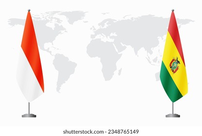 Indonesia and Bolivia flags for official meeting against background of world map.