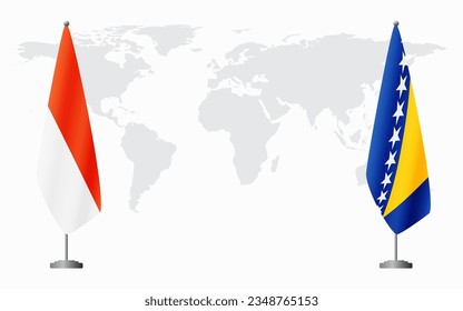 Indonesia and Bosnia and Herzegovina flags for official meeting against background of world map.