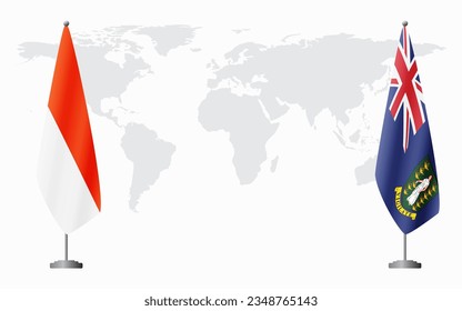 Indonesia and British Virgin Islands flags for official meeting against background of world map.