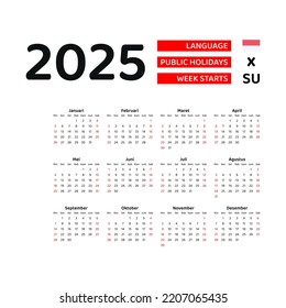 Indonesia calendar 2025. Week starts from Sunday. Vector graphic design. Indonesian language.