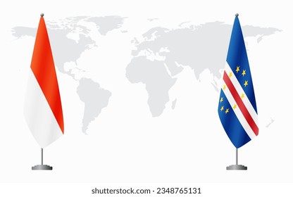 Indonesia and Cape Verde flags for official meeting against background of world map.