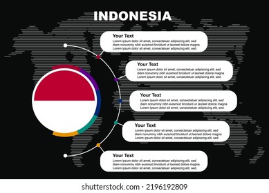 Indonesia circle infographic with information text spaces, black background with world map, Indonesia circle country flag, presentation graphic idea, info and data template for countries